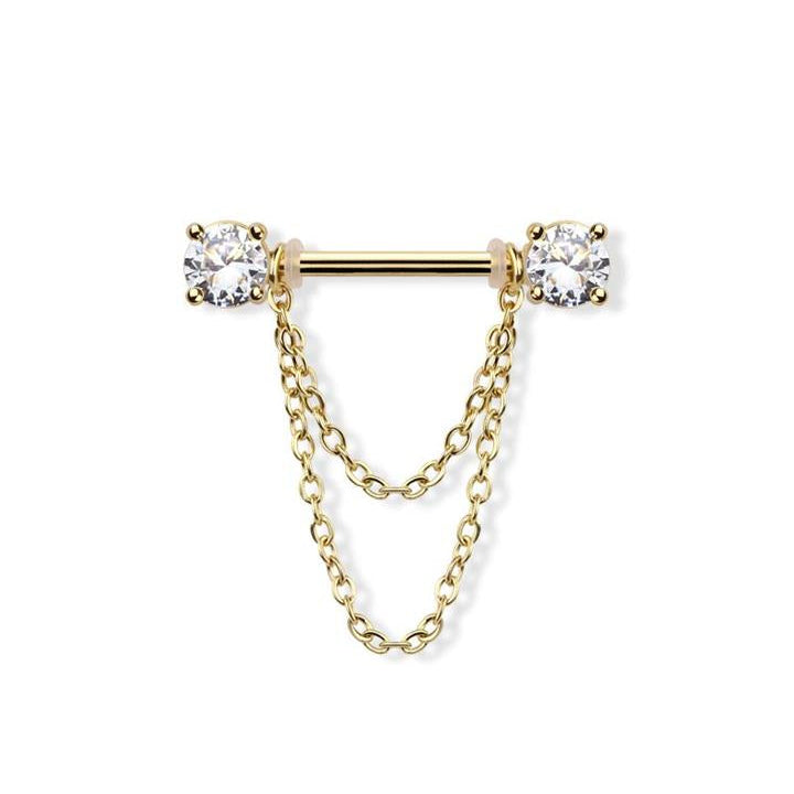 Chained Round Crystal Nipple Barbell 14g