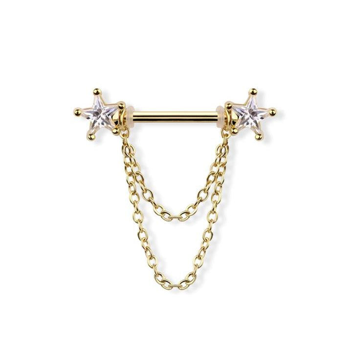Chained Star Crystal Nipple Barbell 14g