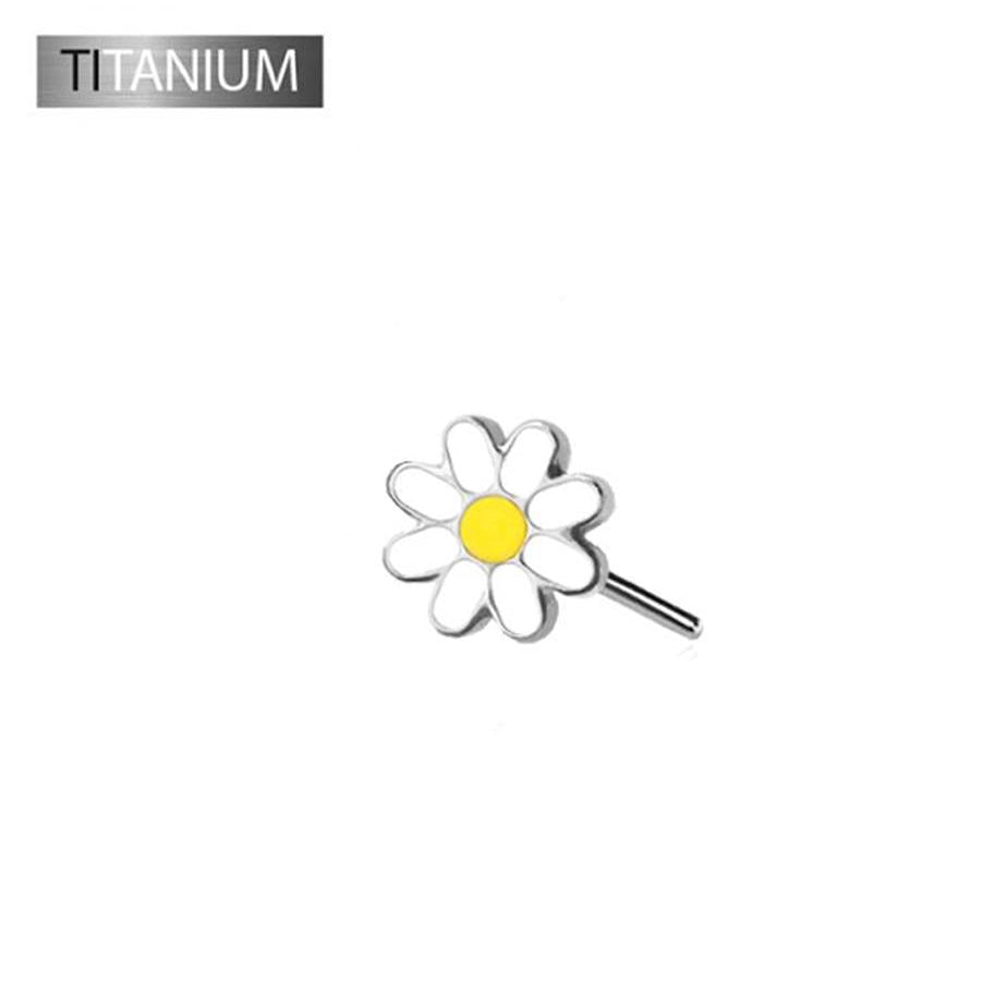 Daisy-shaped earring with yellow center and white petals on a white background, labeled 'Titanium'.