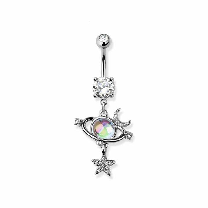Saturn and Moons Claw-Set Crystal Navel Dangle 14g