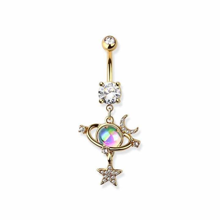Saturn and Moons Claw-Set Crystal Navel Dangle 14g