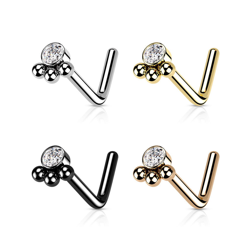 20g SS or PVD Bezel-Set nose pin with Austrian Crystal and fine dotwork