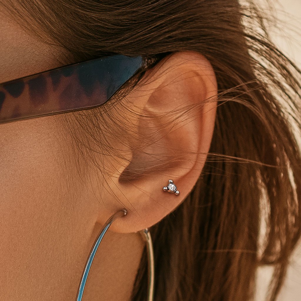 3 Bead + Crystal Cartilage Stud 16g