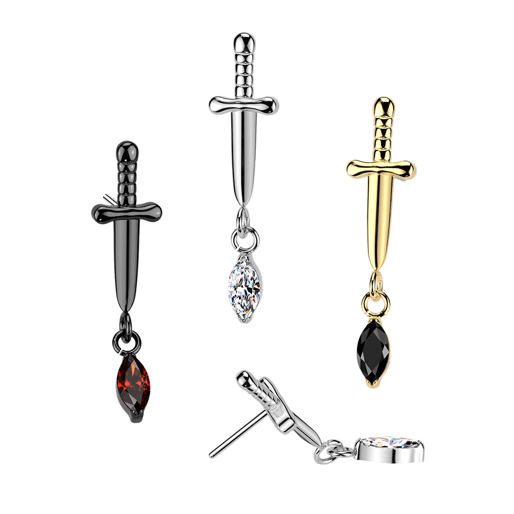 Premium G23 Titanium Dagger Crystal Dangle Luxe Threadless Top