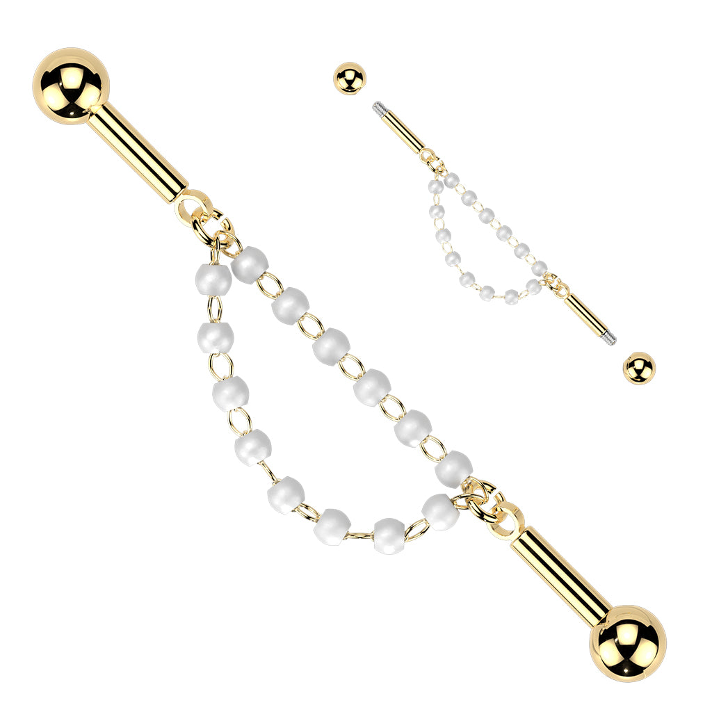 Pearly Beaded Dangle Chain Industrial Barbell 14g