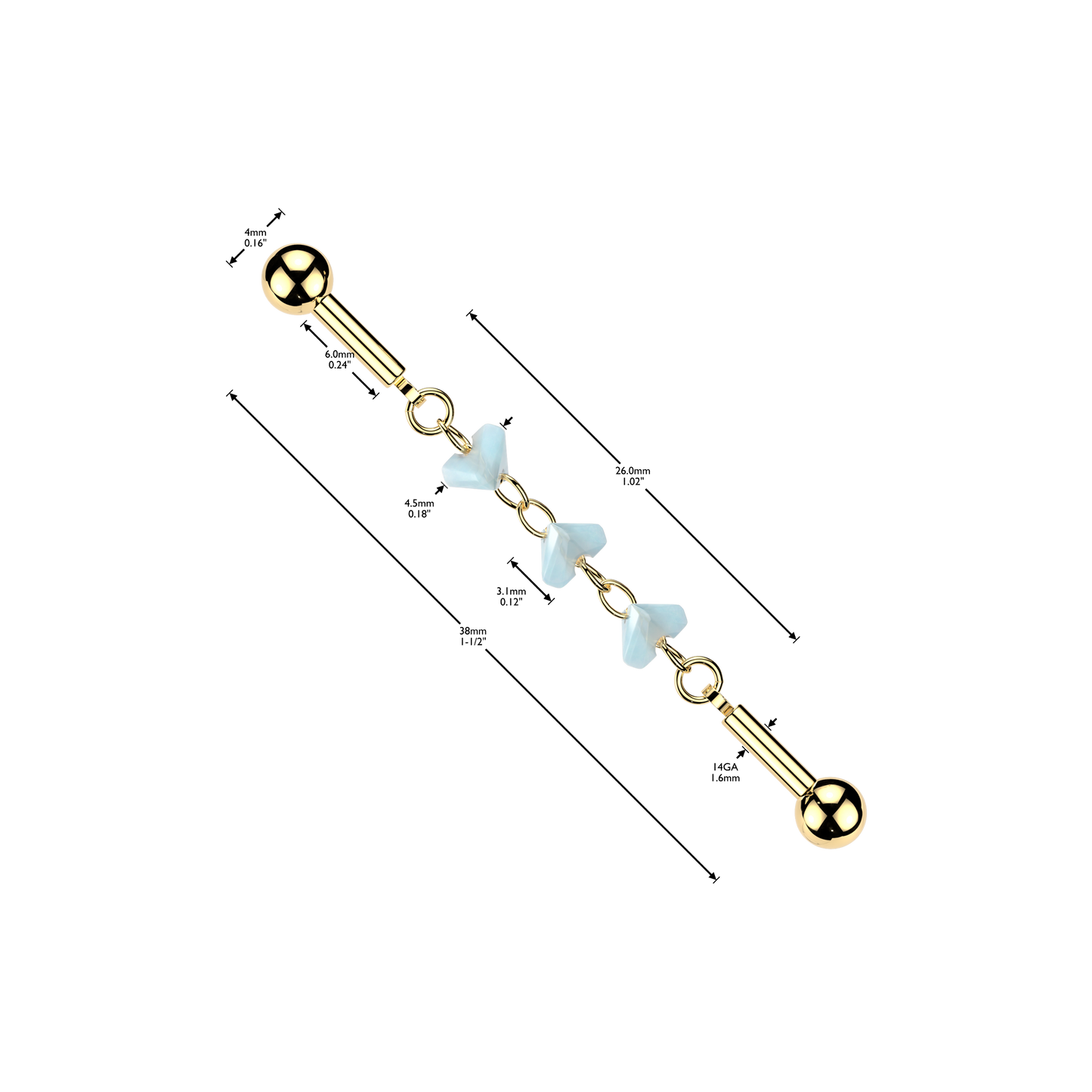 3 Glass Hearts Industrial Barbell 14g