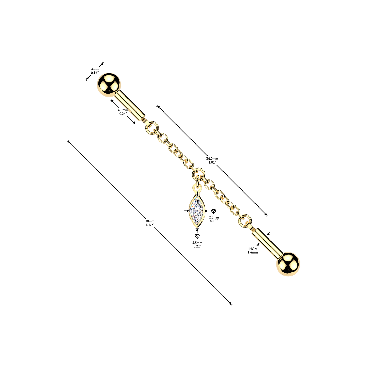 Marquise Dangle Chain Industrial Barbell 14g