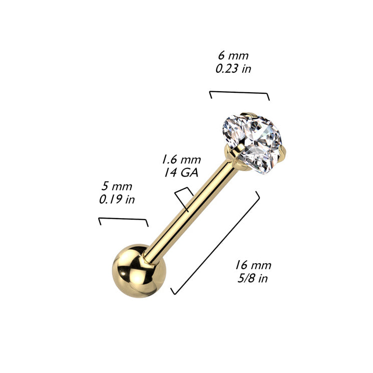 Premium Crystal Claw-Set Heart Tongue Barbell 14g