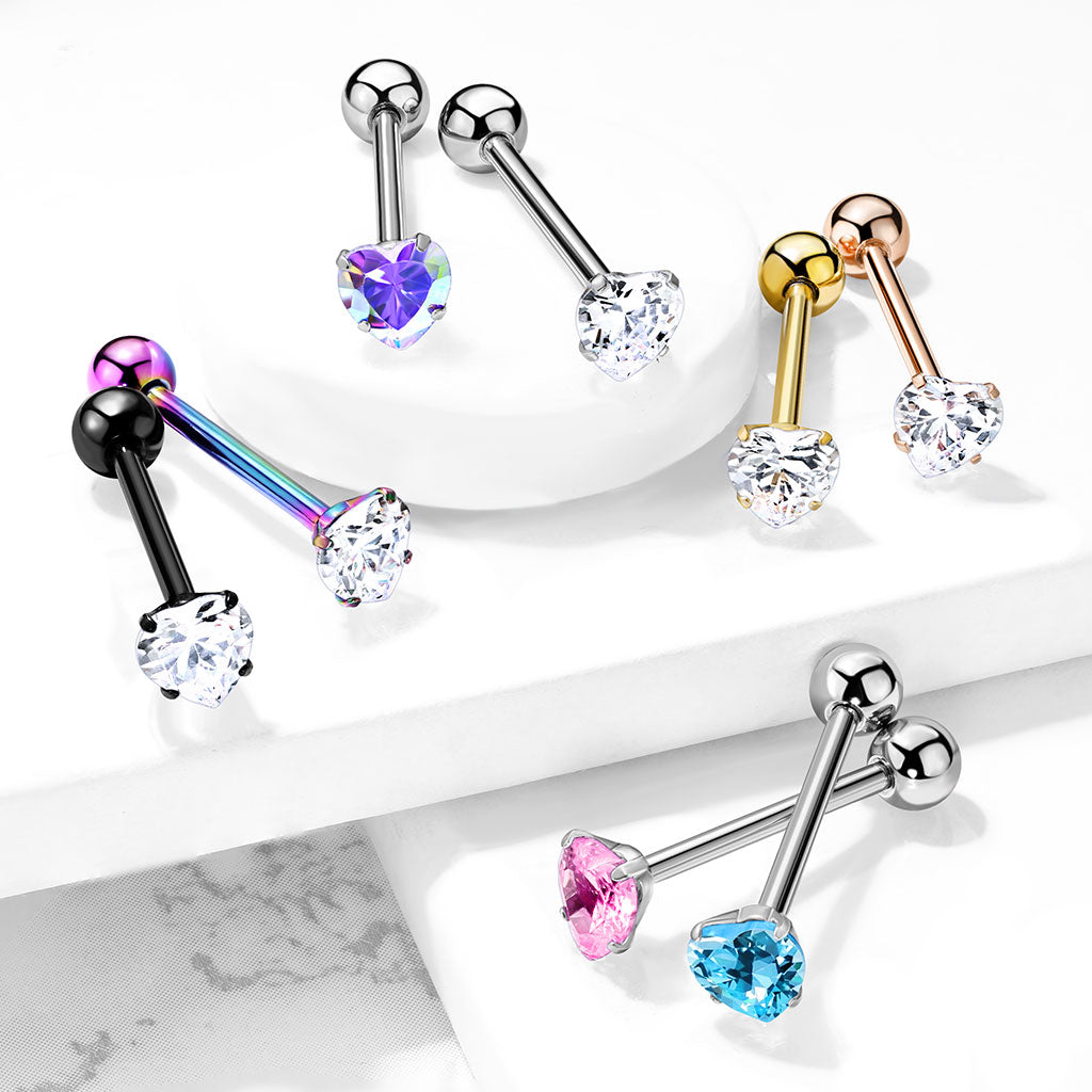 Premium Crystal Claw-set Heart Tongue Barbell 14g