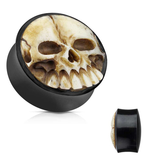 Buffalo Horn with Hand Carved Buffalo Bone Skull - Saddle Plug 00, 1-2, 9-16, 5-8, 3-4, 7-8, 1