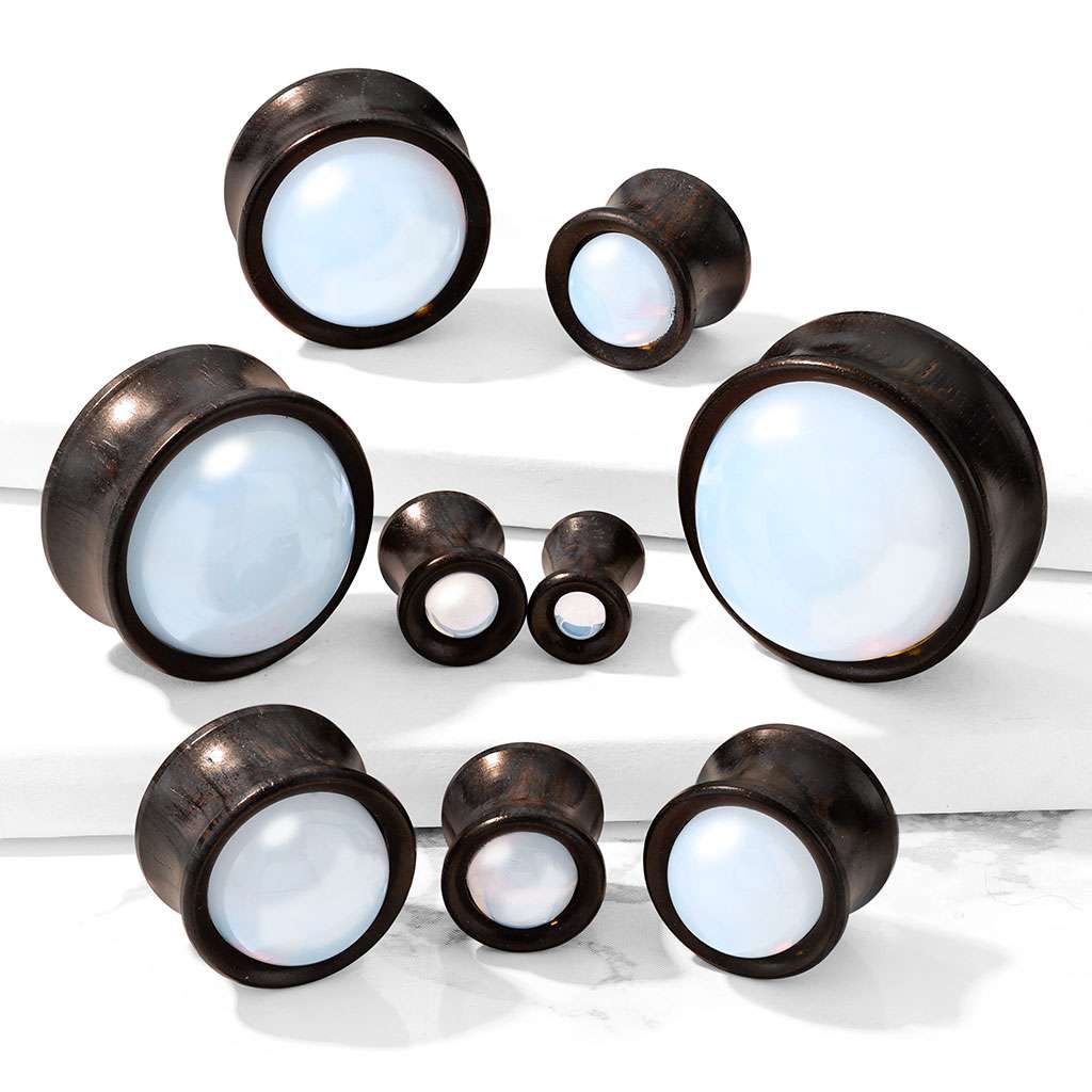Ebony Wood with Opalite - Saddle Plug 2, 0, 00, 1-2, 9-16, 5-8, 3-4, 7-8, 1