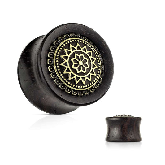 Ebony Wood with Tribal Sun Shield - Saddle Plug 0, 00, 1-2, 9-16, 5-8