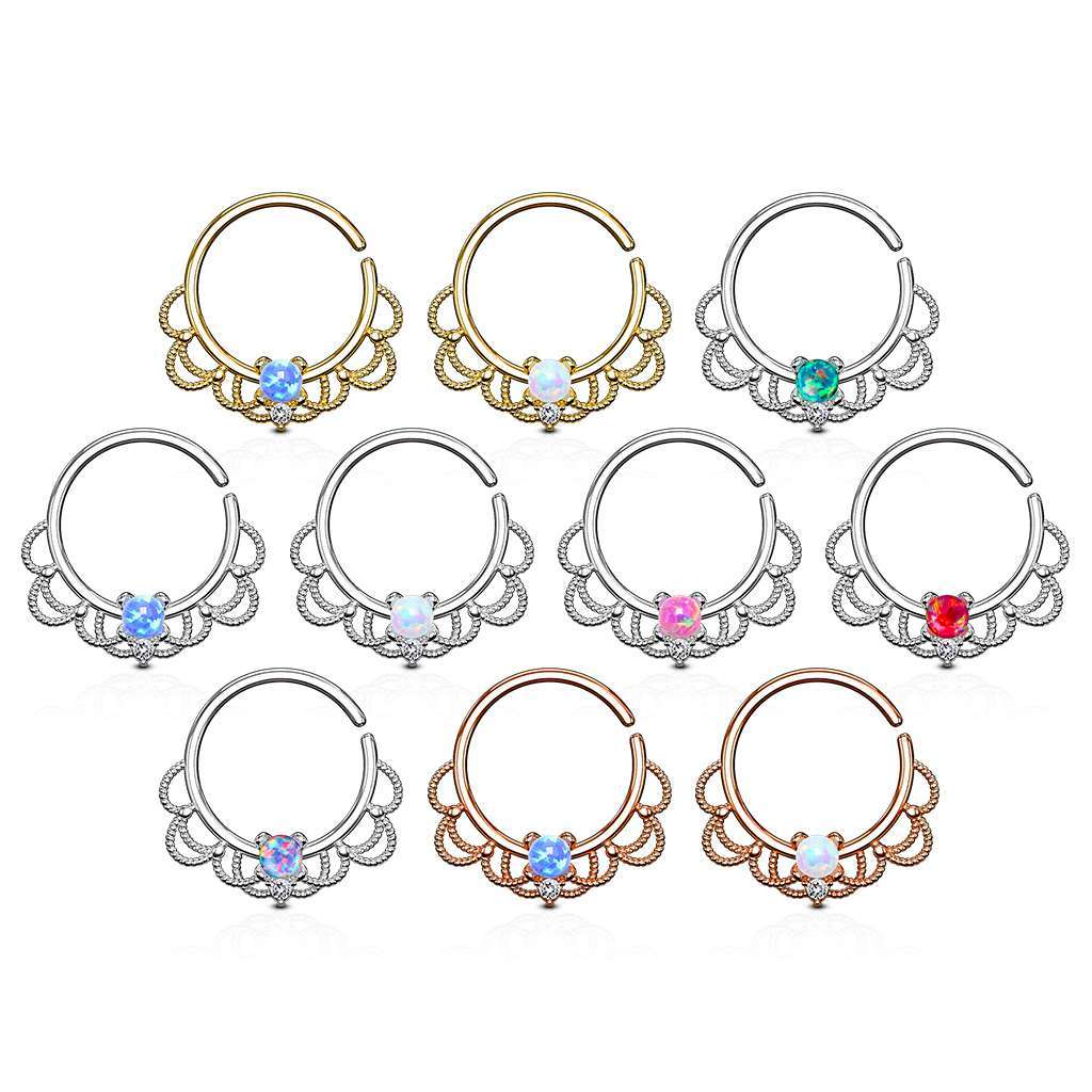 Fine Filigree Bendable, 16g, 10mm diam, claw-set opal and Austrial Crystal