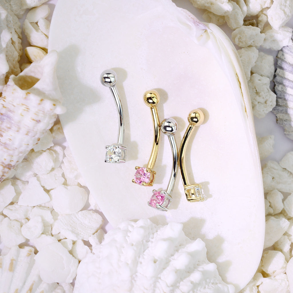 14K Gold Claw-Set Crystal Curved Barbell 16g