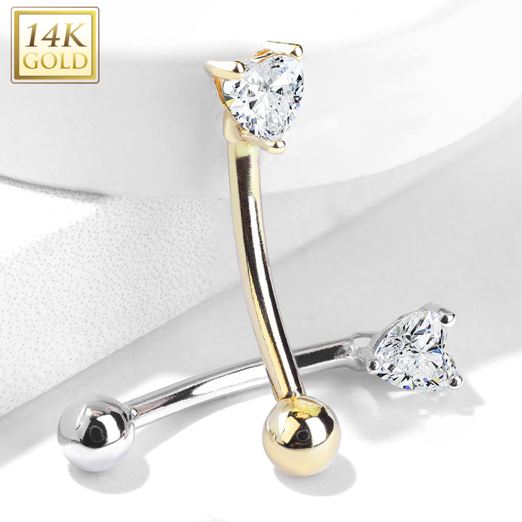 14K Gold Crystal Heart Curved Barbell 16g