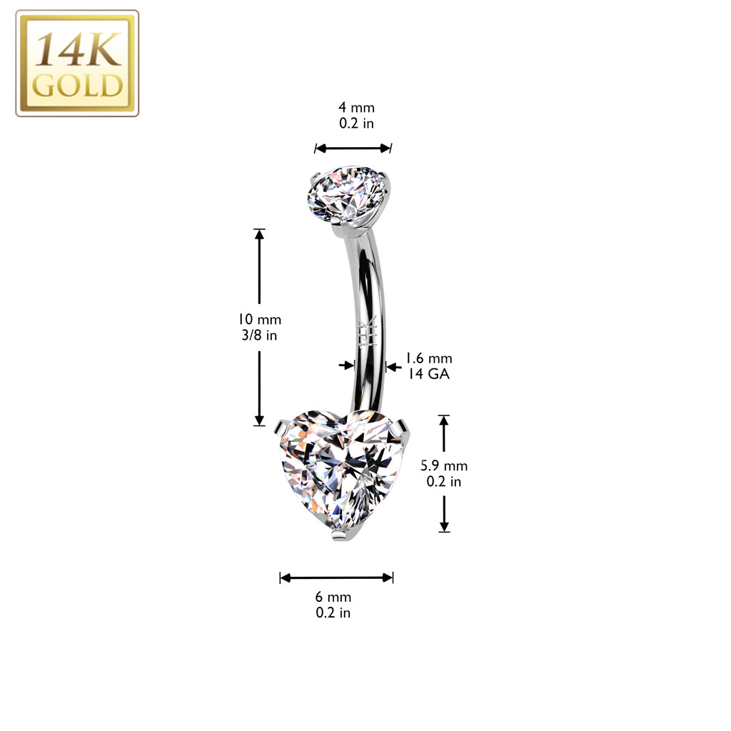 14K Gold Heart Claw-Set Navel Barbell 14g