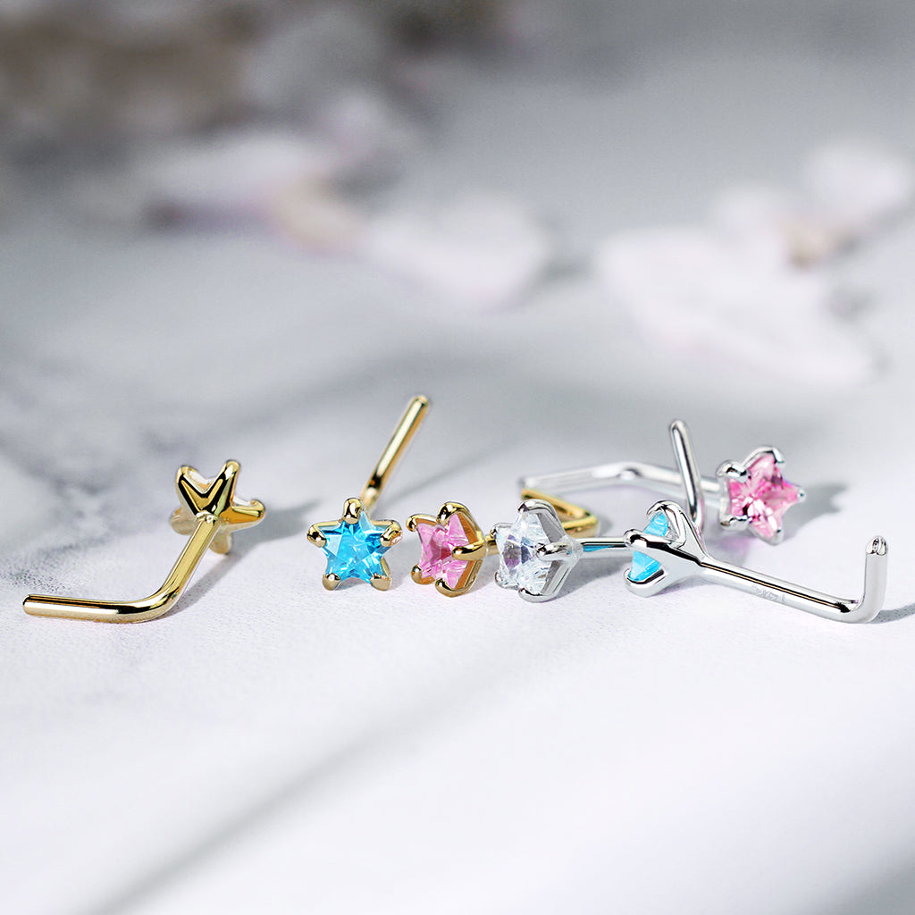 14K Gold Crystal Claw-Set Star Nose Pin 20g
