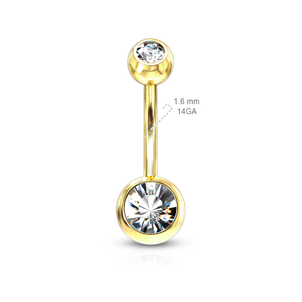 Premium Gold PVD Double Crystal Navel Barbell 14g