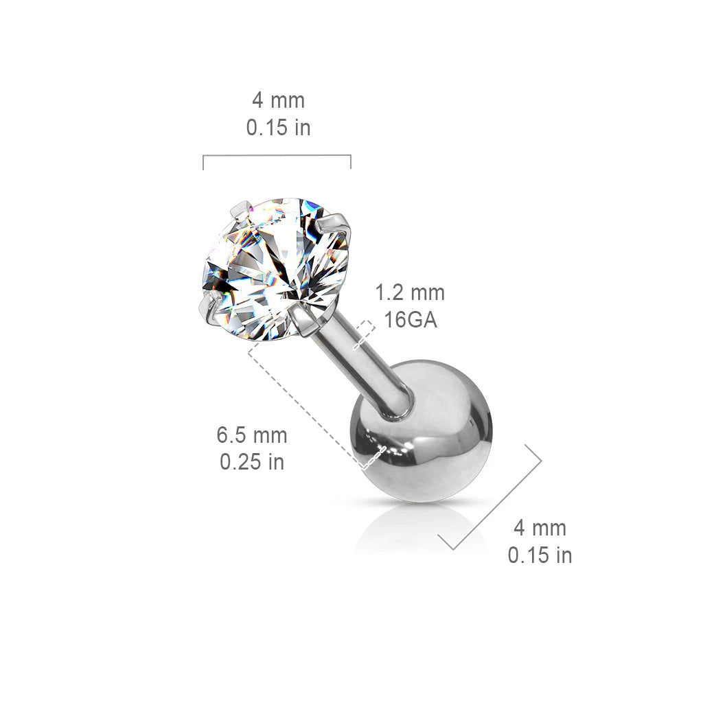 Premium Surgical Steel Claw-Set Round Crystal Ball Back 18g - 16g