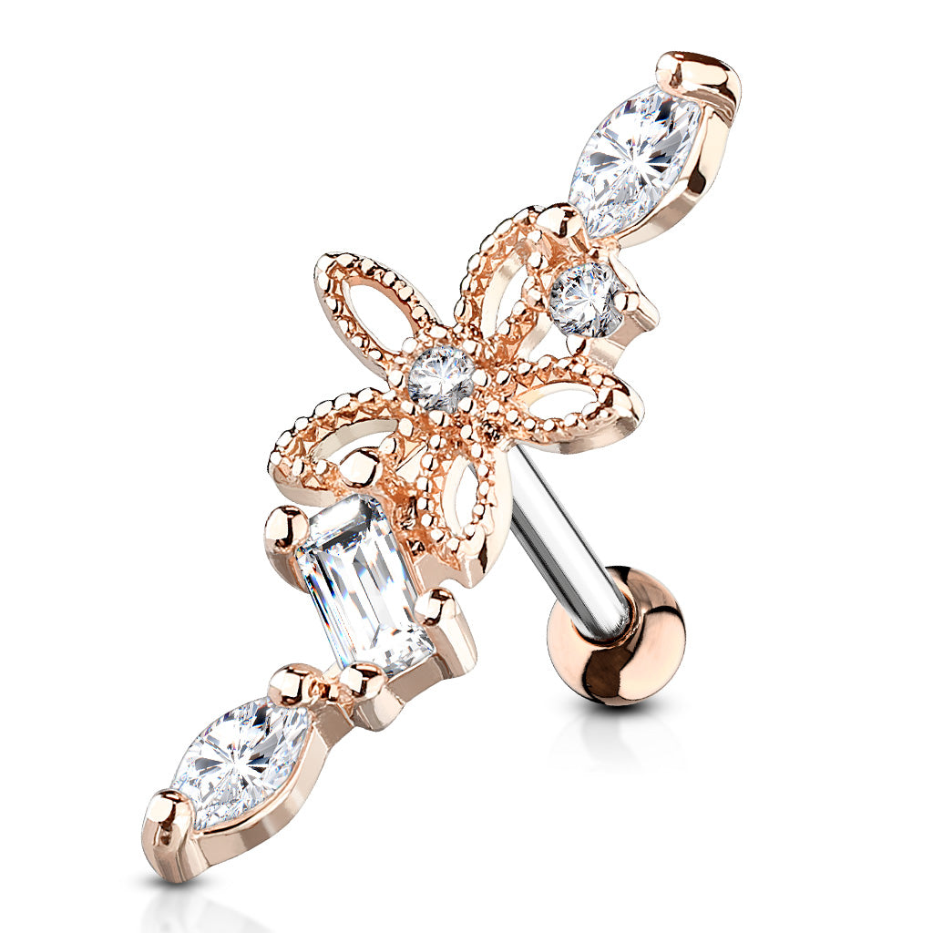 Claw-Set Crystal + Filigree Flower Curve Ball Back 16g