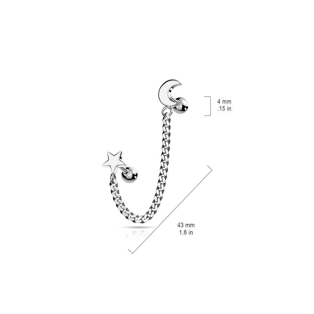 Premium Surgical Steel Moon + Star Chain Double Ball Back 16g