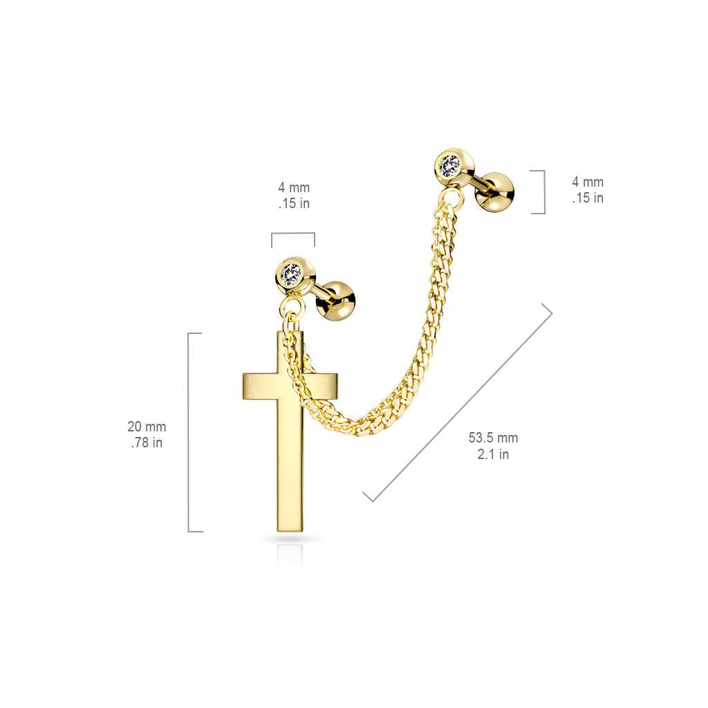 Premium Surgical Steel Cross + Double Chain + Double Bezel-Set Crystal Ball Back 16g