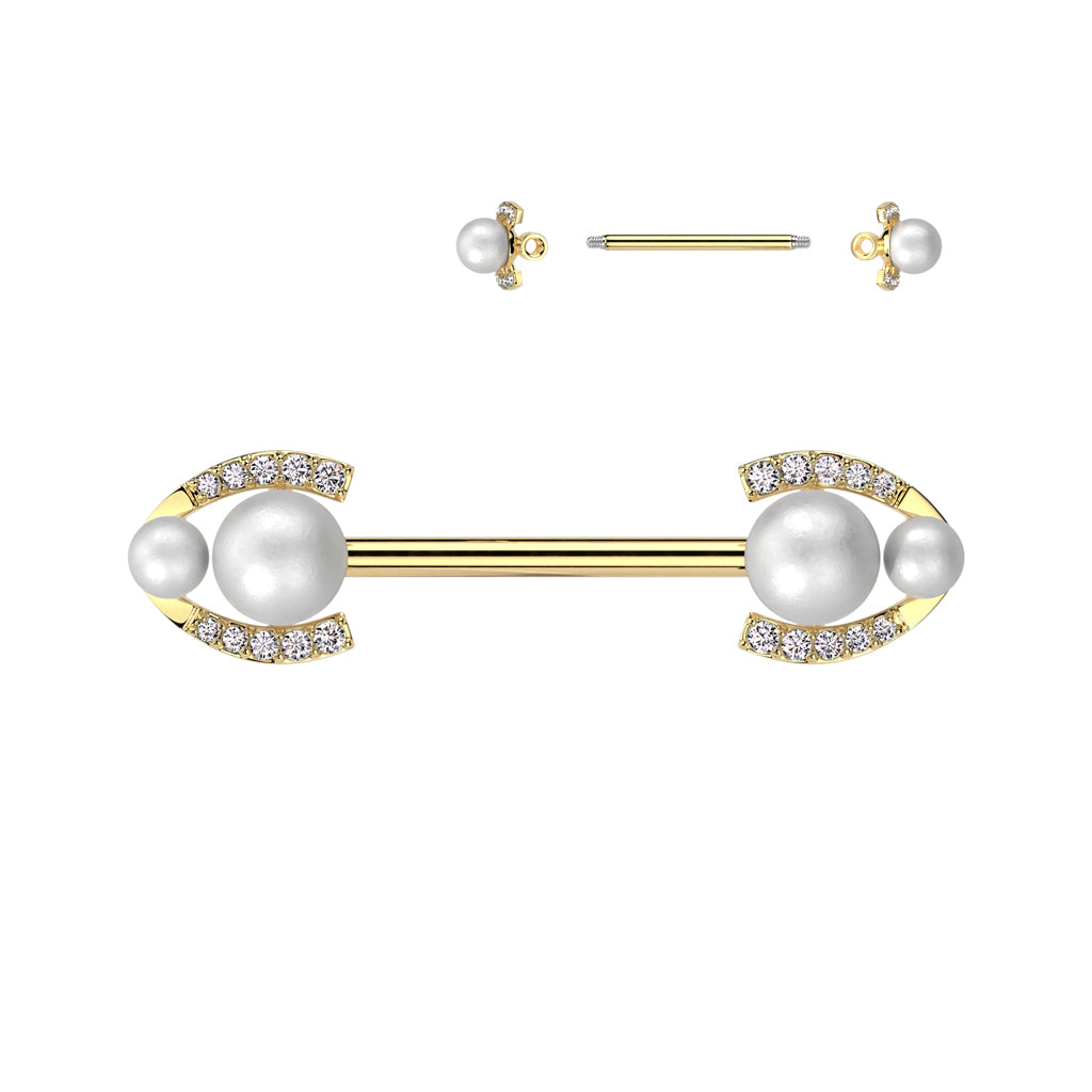 Double Pearl + Channel-Set Crystals Fancy Nipple Barbell 14g