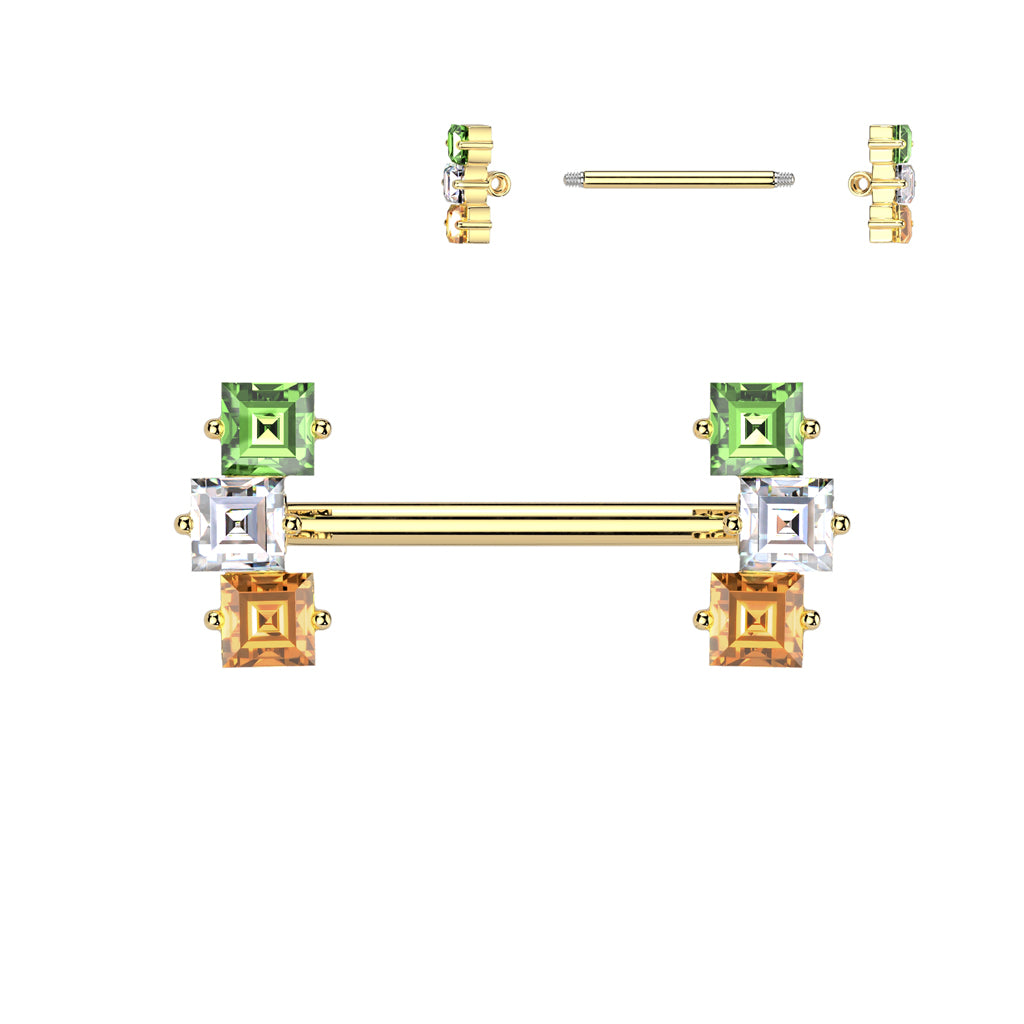 Multicolor Square Crystal Nipple Barbell 14g