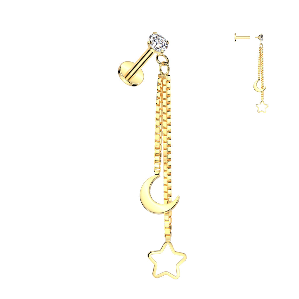 Premium Claw-Set Crystal Double Moon and Star Dangle Flat Back 16g