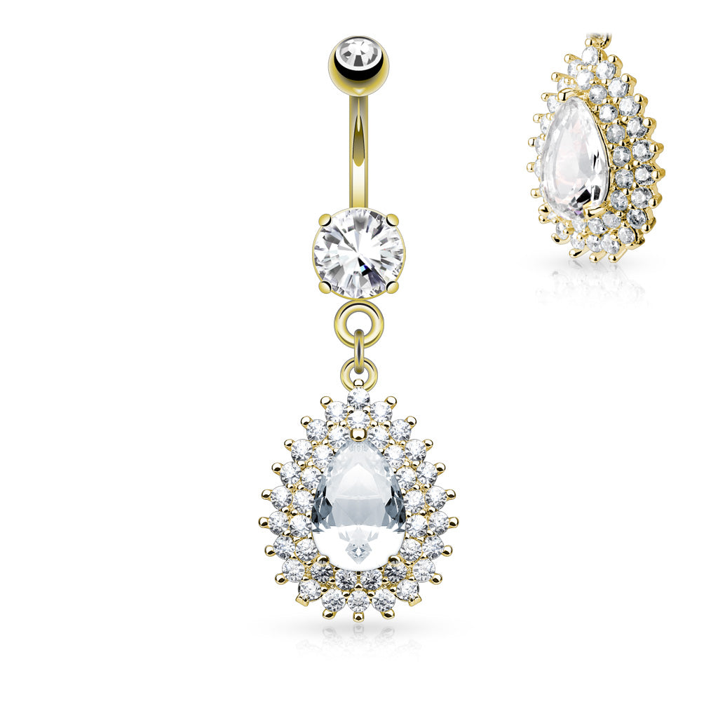 Pavé-Set Pear Crystal Double Halo Belly Dangle 14g