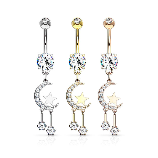 Premium Celestial Moon and Stars Navel Dangle 14g