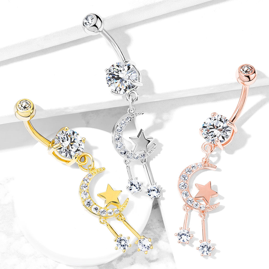 Premium Celestial Moon and Stars Navel Dangle 14g