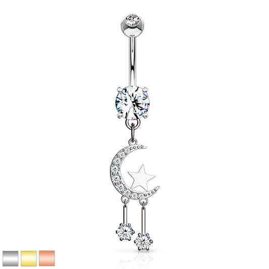 Premium Celestial Moon and Stars Navel Dangle 14g