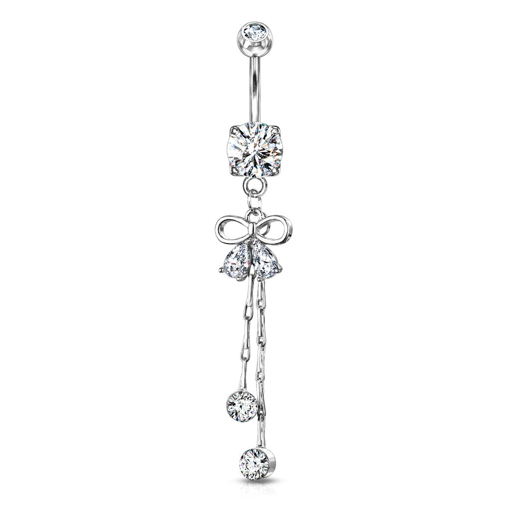 Claw-Set Crystal Bow Chain Navel Dangle 14g