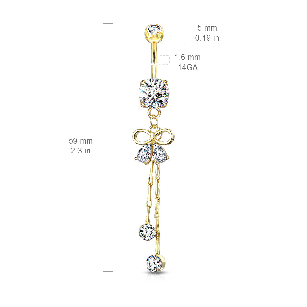 Claw-Set Crystal Bow Chain Navel Dangle 14g