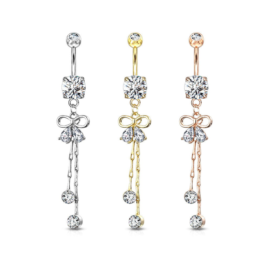 Claw-Set Crystal Bow Chain Navel Dangle 14g