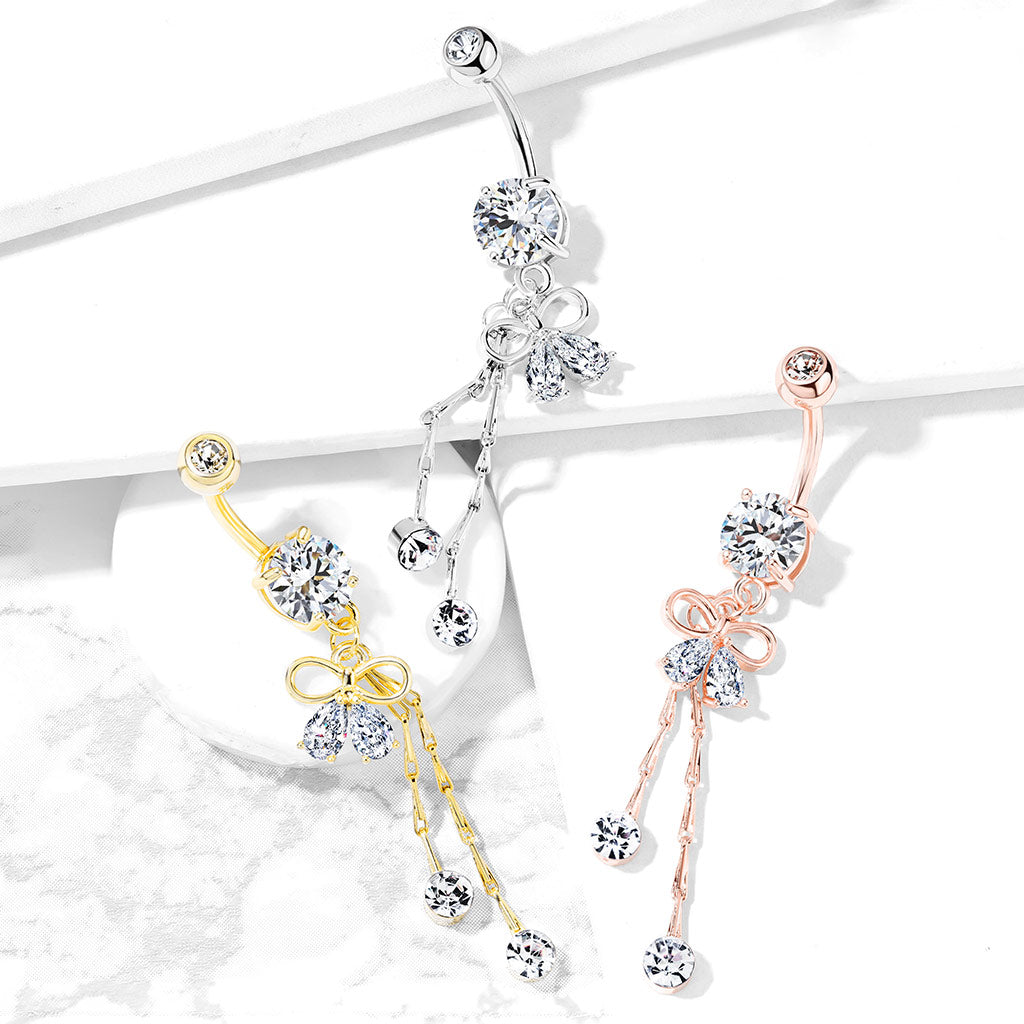 Claw-Set Crystal Bow Chain Navel Dangle 14g