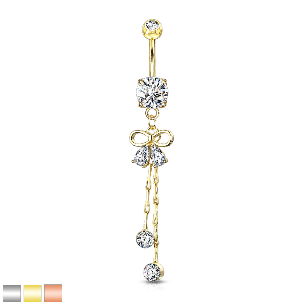 Claw-Set Crystal Bow Chain Navel Dangle 14g