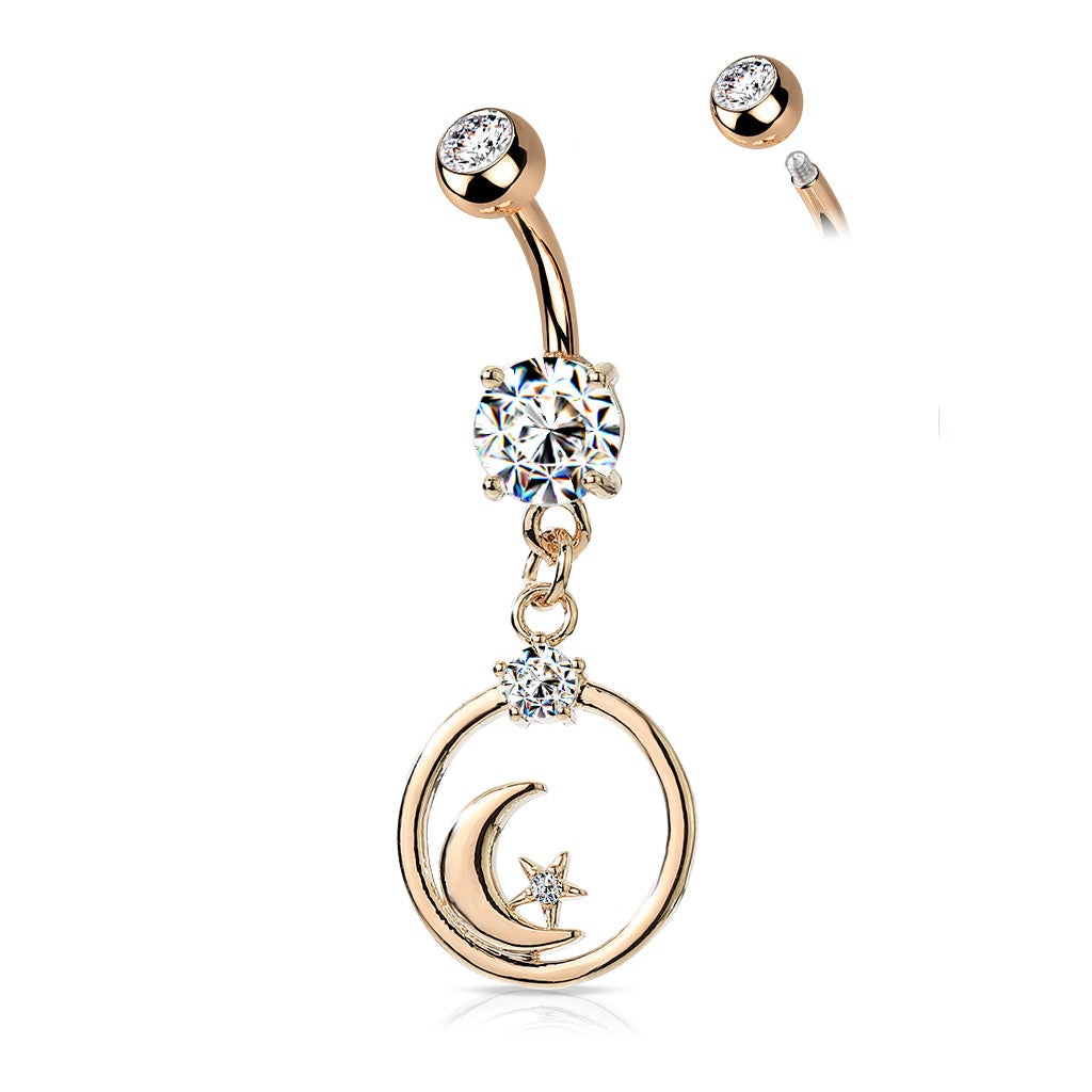 PREMIUM Round Moon and Stars Hoop Navel Dangle 14g