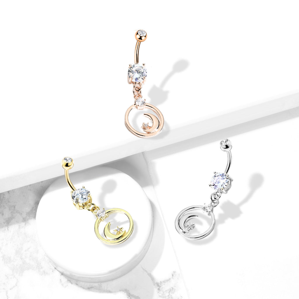 PREMIUM Round Moon and Stars Hoop Navel Dangle 14g