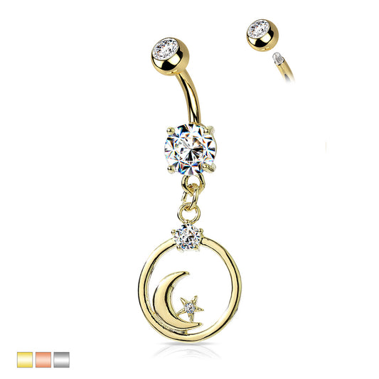Premium Round Moon and Stars Hoop Navel Dangle 14g