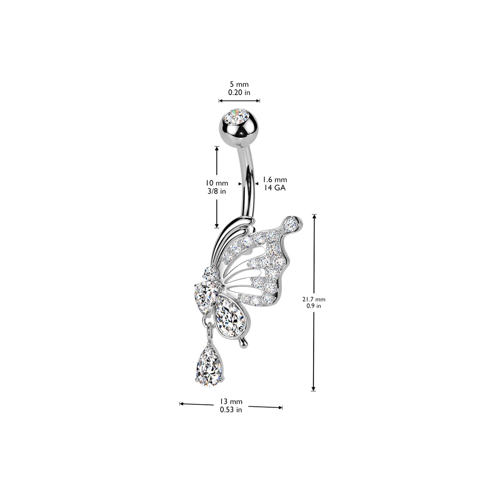 Side-Set Butterfly + Teardrop Crystal Dangle Belly Ring 14g