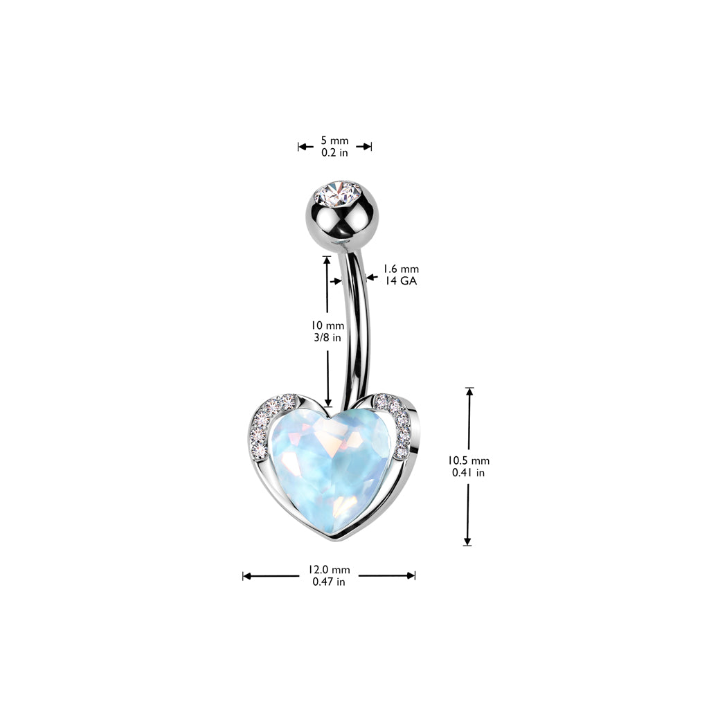 Bezel-Set Aqua Crystal Heart Navel Barbell 14g