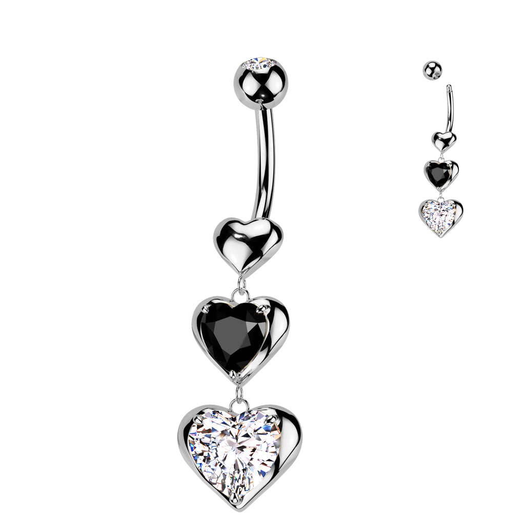 PREMIUM Bezel-Set Triple Heart Chain Navel Dangle 14g