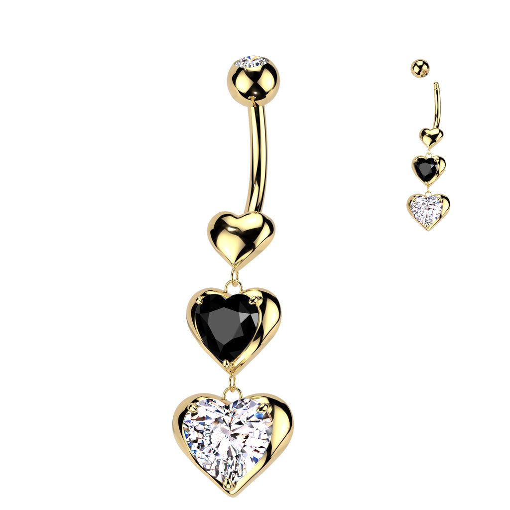 PREMIUM Bezel-Set Triple Heart Chain Navel Dangle 14g