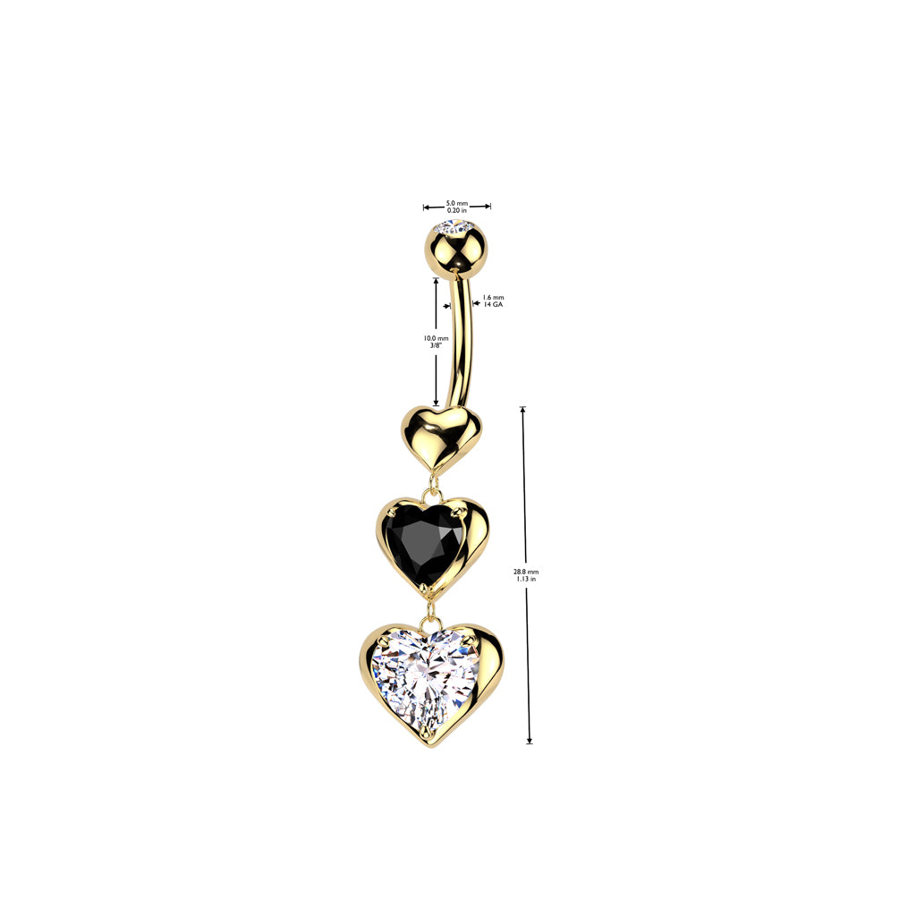 PREMIUM Bezel-Set Triple Heart Chain Navel Dangle 14g