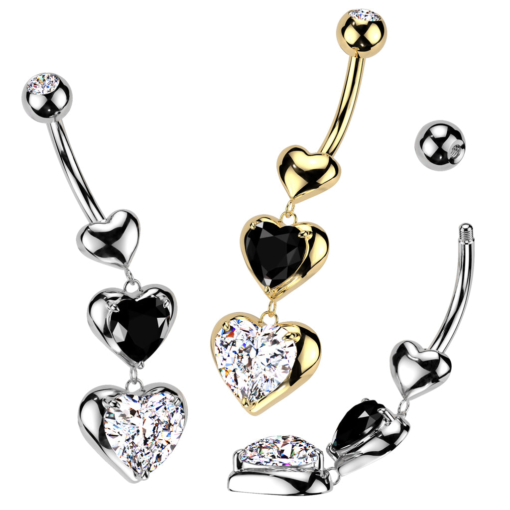PREMIUM Bezel-Set Triple Heart Chain Navel Dangle 14g