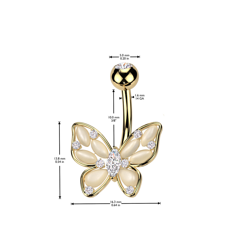 PREMIUM Pebbled Crystal Butterfly Navel Dangle 14g