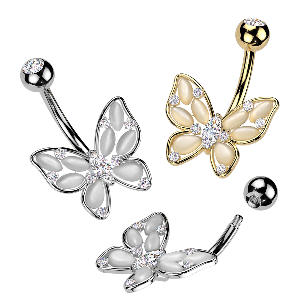 PREMIUM Pebbled Crystal Butterfly Navel Dangle 14g