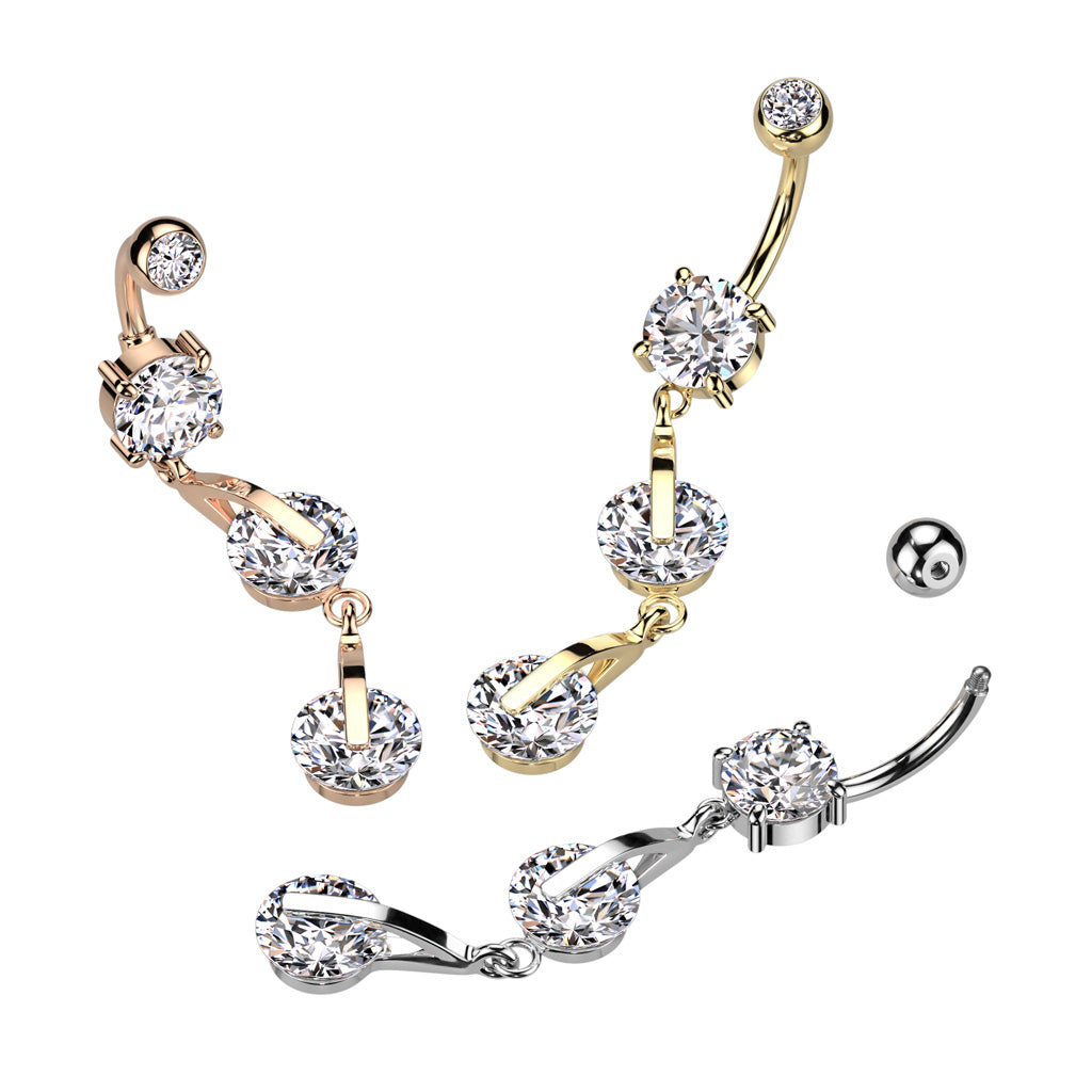 PREMIUM Triple Crystal Clip Navel Dangle 14g